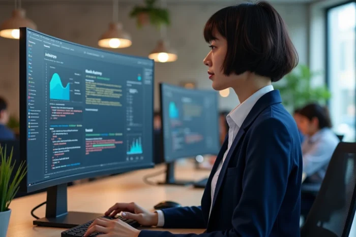 Femme développeuse web analysant des tableaux de bord technologiques sur un écran ultrawide dans un bureau moderne