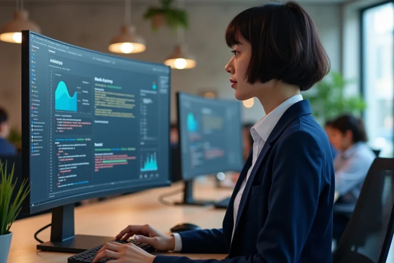 Femme développeuse web analysant des tableaux de bord technologiques sur un écran ultrawide dans un bureau moderne