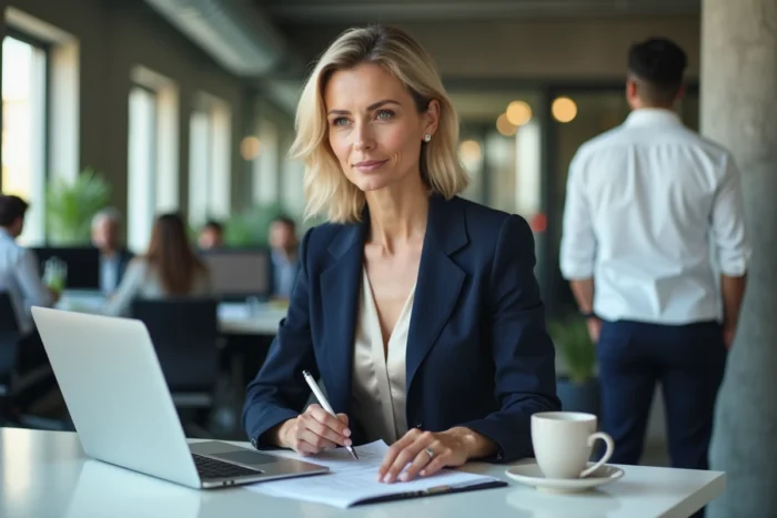 Femme dirigeante du CAC 40 travaillant dans un bureau moderne en France, examinant des documents d'entreprise