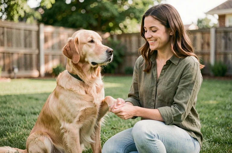 Femme souriante tenant la patte de son golden retriever dans un jardin ensoleillé, illustrant le lien entre un chien et son maître