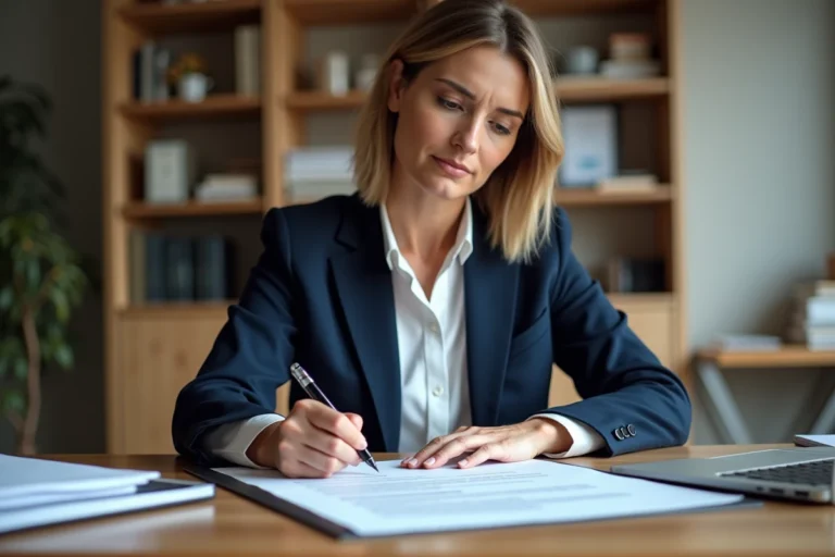 Femme professionnelle examinant un contrat IAD à son bureau avant résiliation