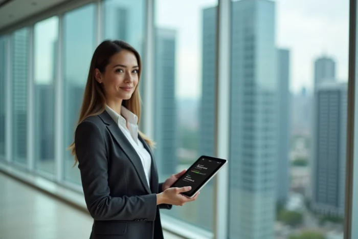 Femme investisseuse en tenue professionnelle consultant une application de courtage en bourse avec vue sur un quartier d'affaires