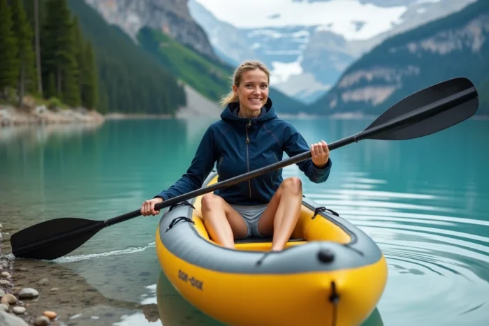 Femme en kayak gonflable jaune sur un lac de montagne aux eaux turquoise entourées de forêts de pins