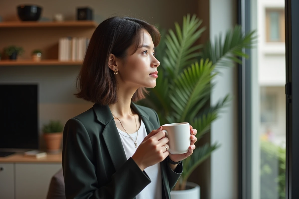 Femme pensant avec tasse de café dans un intérieur moderne