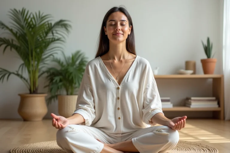 Femme méditant en intérieur dans un salon lumineux