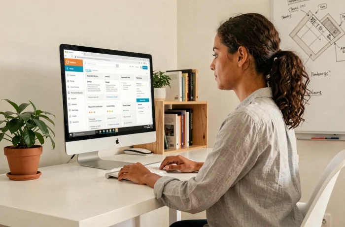 Femme consultant la liste des pages essentielles d'un site de construction responsable sur son ordinateur de bureau à domicile