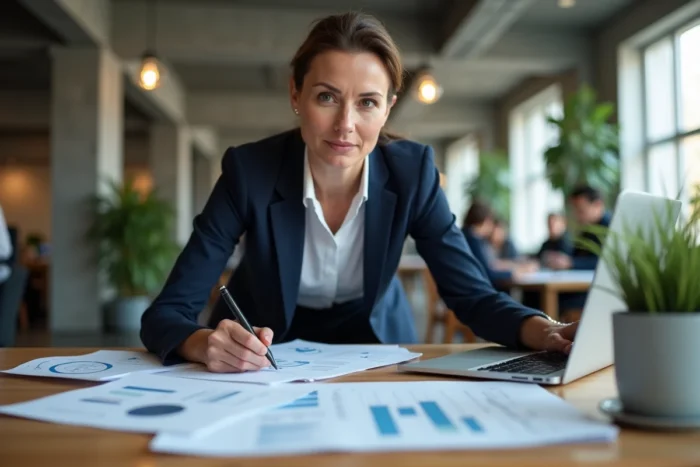 Femme professionnelle analysant des données web sur-mesure dans un bureau moderne pour booster son activité