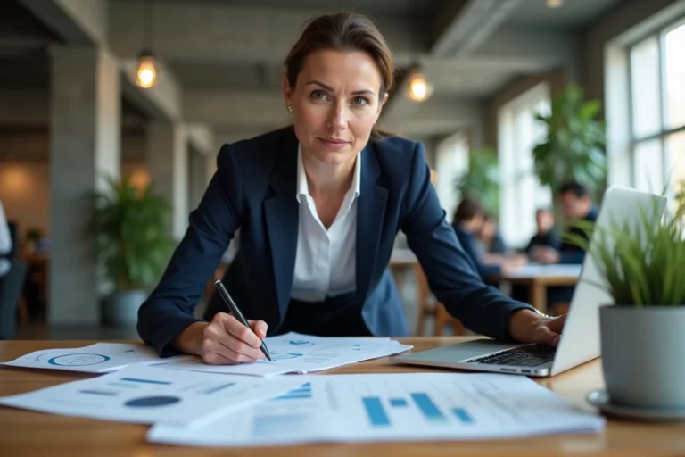 Femme professionnelle analysant des données web sur-mesure dans un bureau moderne pour booster son activité