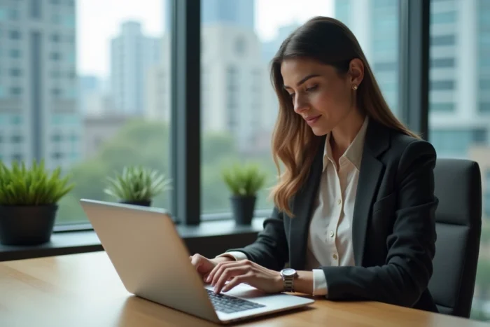 Femme professionnelle en bureau moderne avec ordinateur et ville