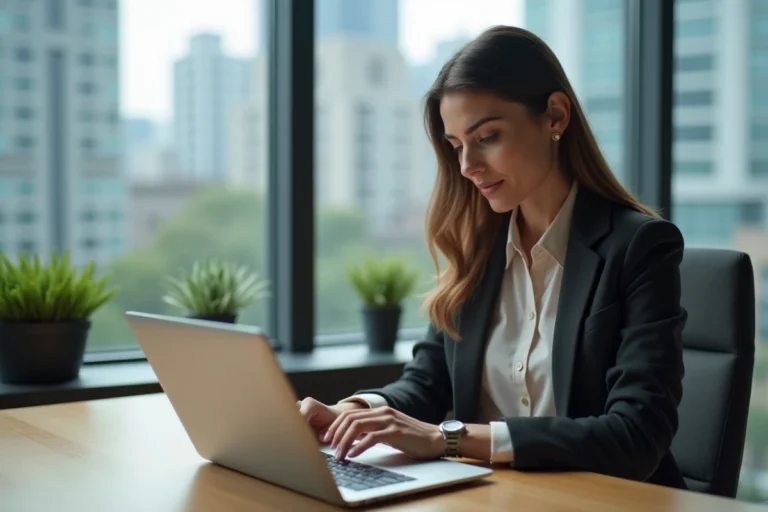 Femme professionnelle en bureau moderne avec ordinateur et ville