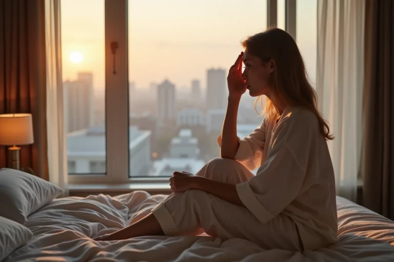 Femme en pyjama doux assise pensivement au réveil