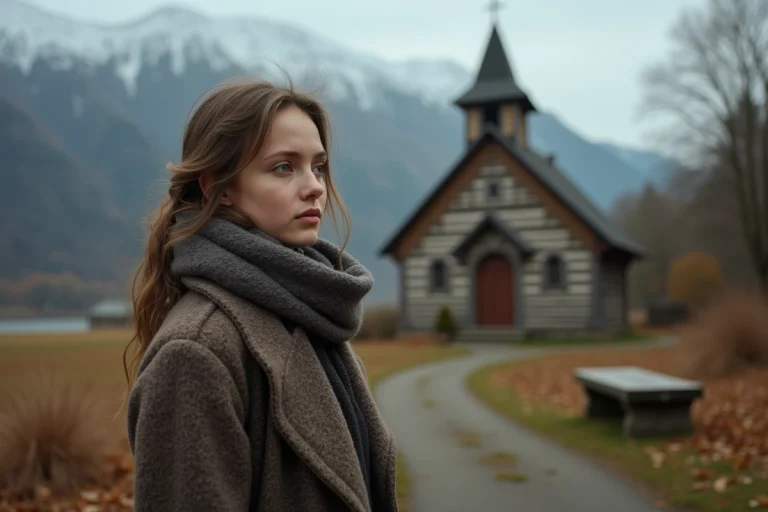 Jeune femme en automne devant une église rurale