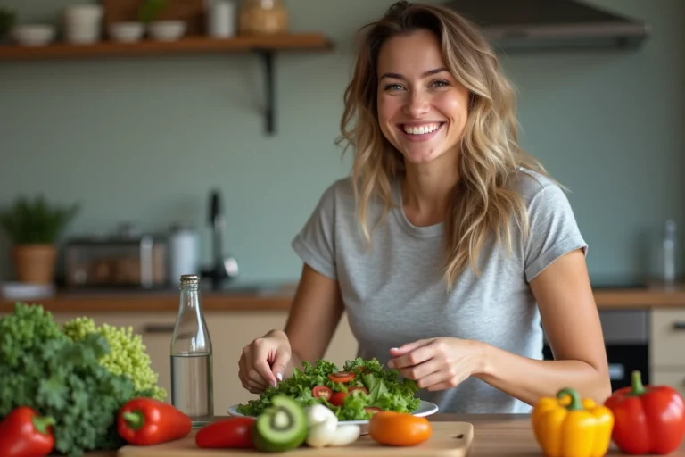 Femme souriante préparant une salade colorée dans une cuisine moderne