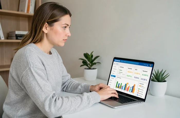 Femme professionnelle travaillant sur une stratégie SEO avec un tableau de bord d'analyse de site web affiché sur un ordinateur portable