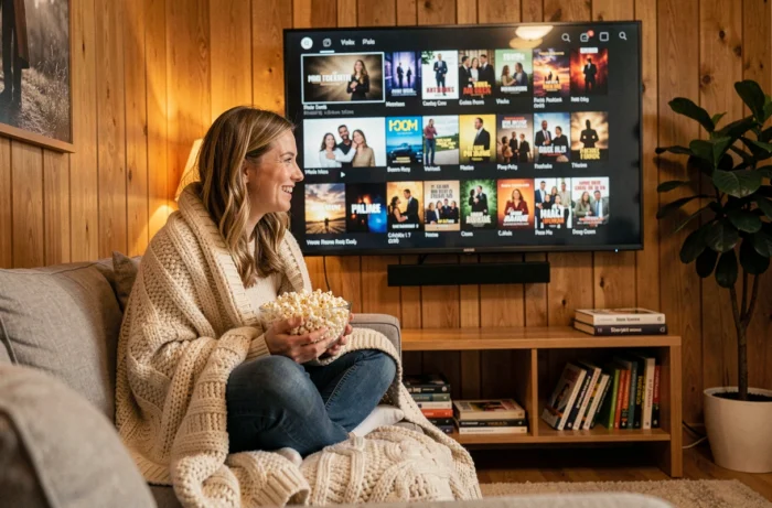 Femme qui regarde un film en streaming sur sa télévision depuis son canapé avec un bol de popcorn