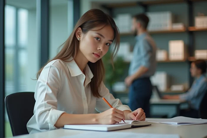 Jeune femme concentrée prenant des notes au bureau