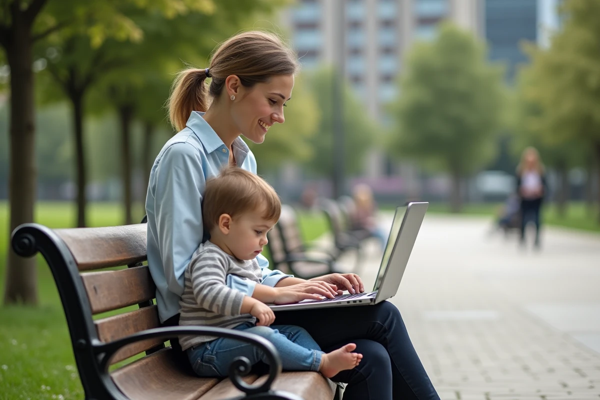 Femme avec son enfant jouant dans un parc urbain