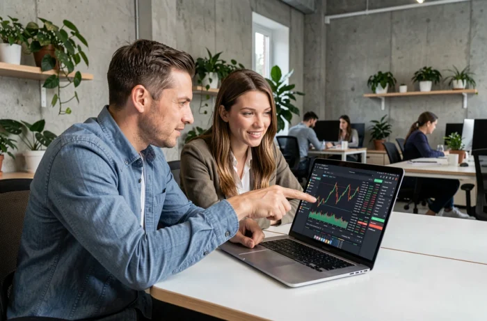 Deux personnes en formation au trading collaborant sur un ordinateur portable dans un espace de coworking