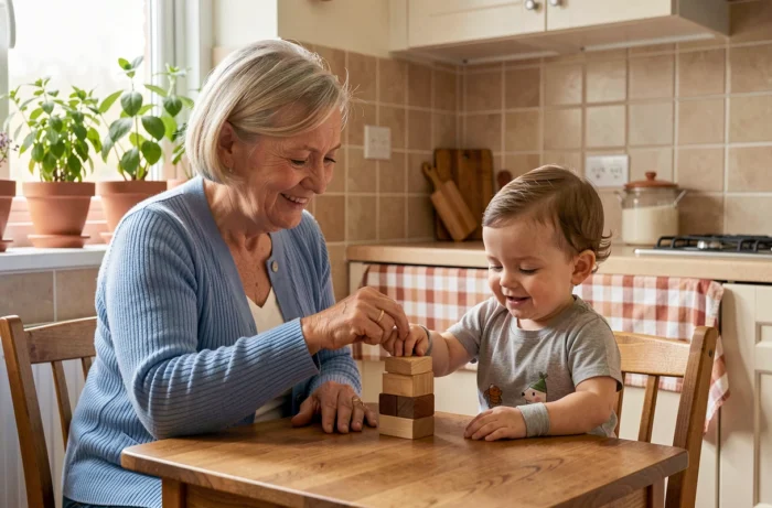 Grand-mère aidant un bébé d'un an à empiler des jouets en bois dans une cuisine familiale chaleureuse