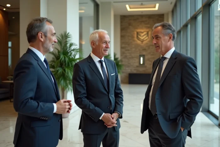 Groupe de dirigeants du CAC 40 en discussion dans le hall d'un grand siège social français