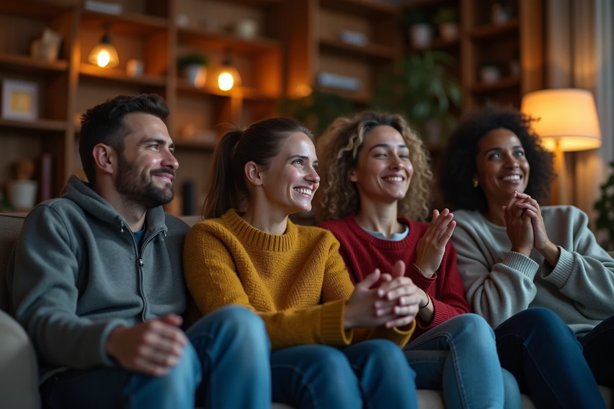 Groupe de fans regardant une série dans un salon chaleureux