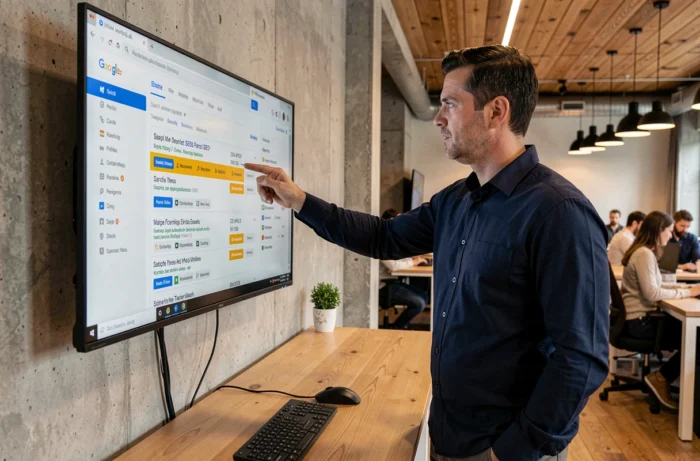 Homme en agence digitale présentant des résultats de référencement naturel sur un grand écran mural dans un bureau moderne