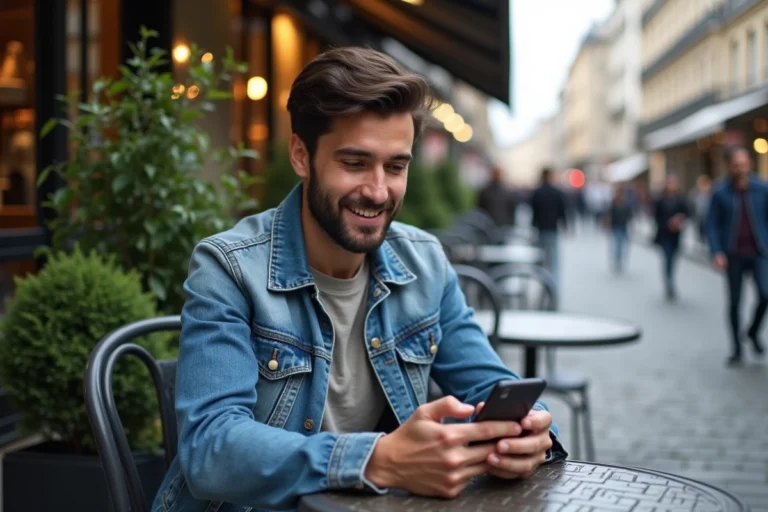 Homme souriant au café parisien en terrasse