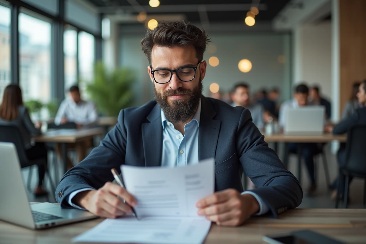Homme lisant un CV dans un espace coworking