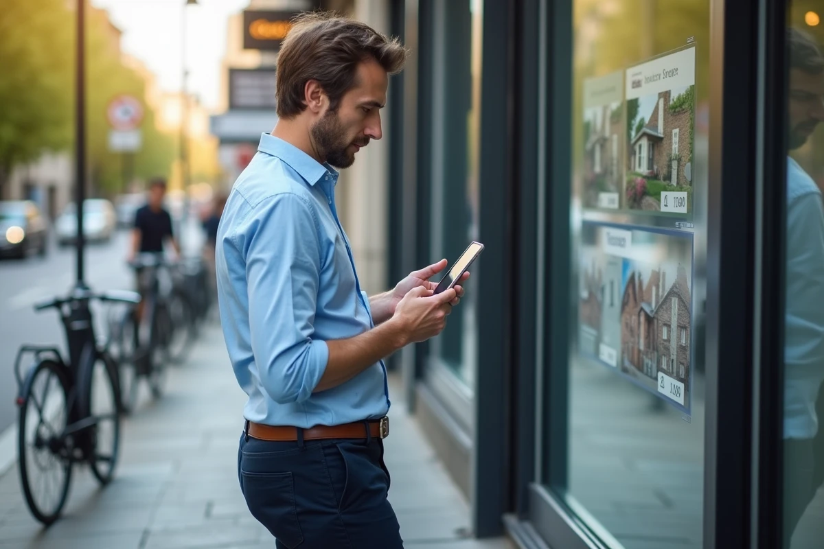 Homme d age moyen consulte annonces immobiliere en ville