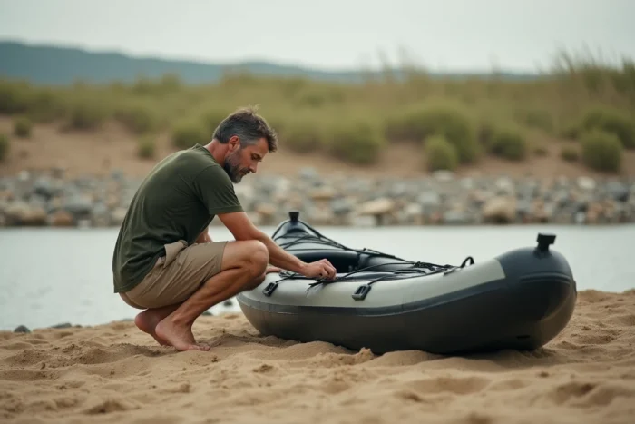 Homme inspectant les valves d'un kayak gonflable de randonnée posé sur une berge de rivière sablonneuse