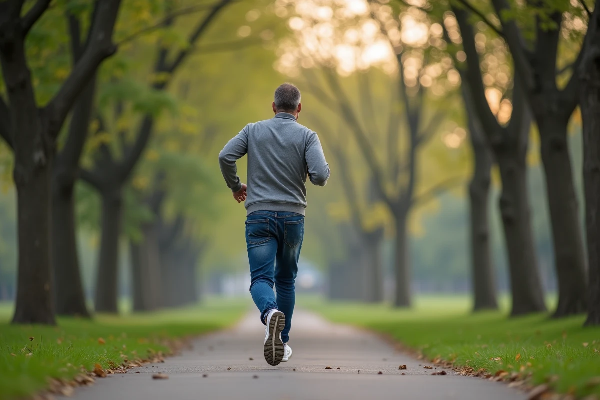 Homme courant dans un parc urbain au matin avec écouteurs sans fil