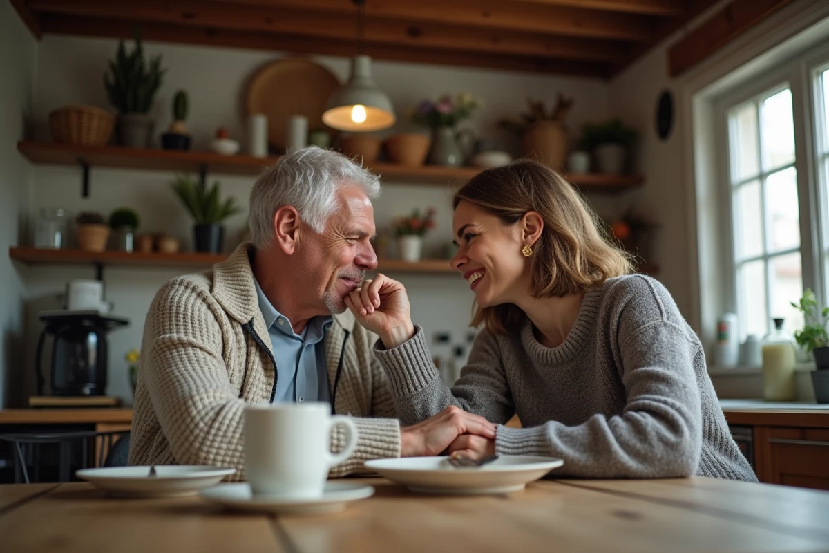 Homme embrassant la main de sa partenaire dans la cuisine