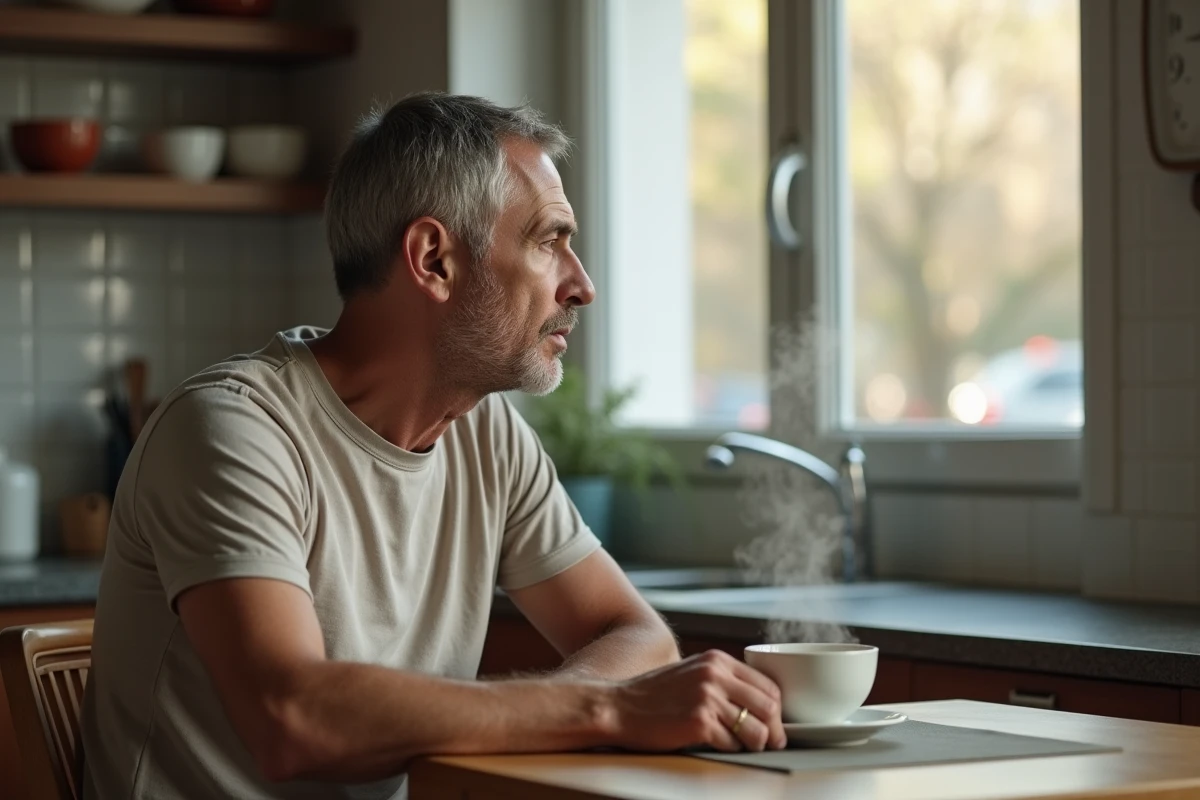 Homme seul à la cuisine regardant l