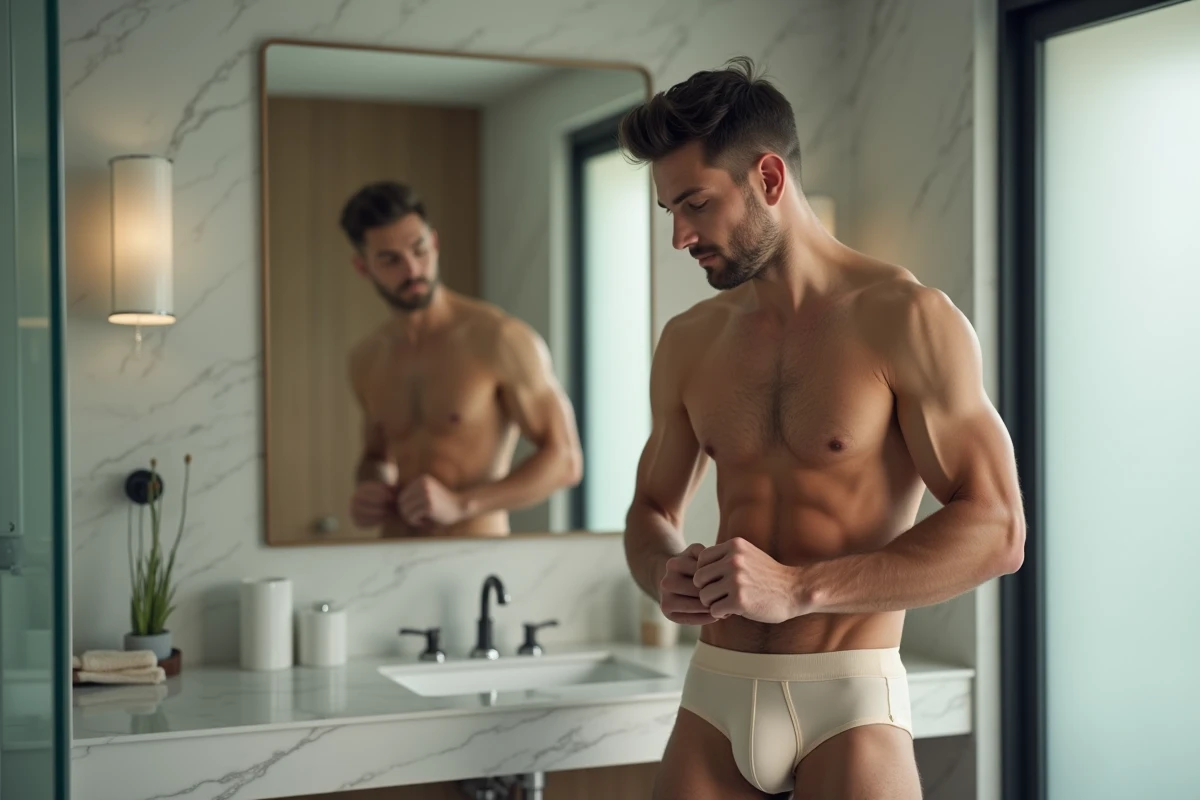 Homme ajustant sa lingerie dans une salle de bain moderne