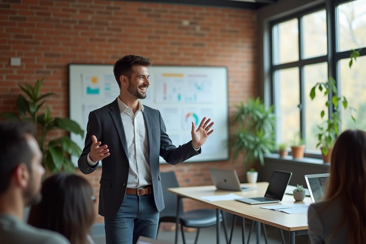 Homme en présentation dans un espace de coworking moderne