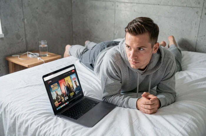 Homme regardant une série en streaming sur son ordinateur portable allongé sur son lit
