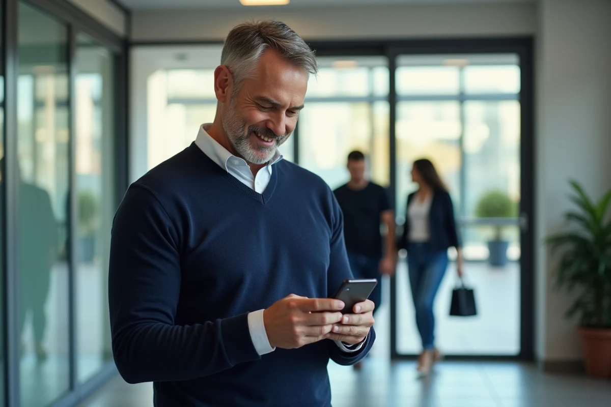 Homme d age moyen utilisant son smartphone dans le lobby