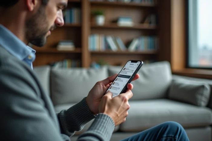 Homme consultant son smartphone face à la propagation d'une rumeur et d'une fake news sur les réseaux sociaux