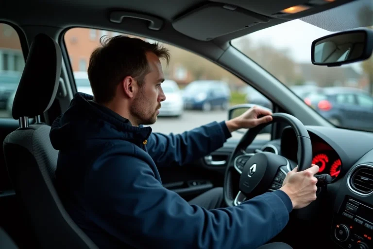Homme regardant le voyant moteur rouge dans sa Clio
