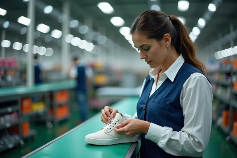 Femme inspectant une chaussure dans une usine moderne