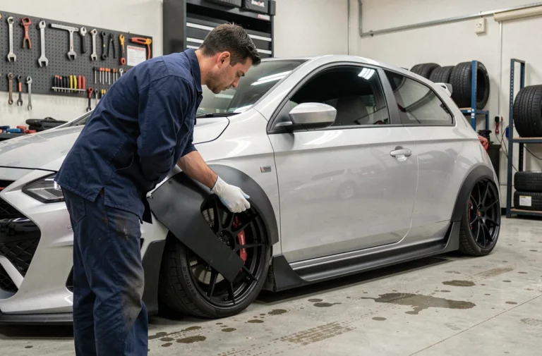 Mécanicien installant un kit carrosserie aérodynamique sur une voiture de tuning dans un garage professionnel