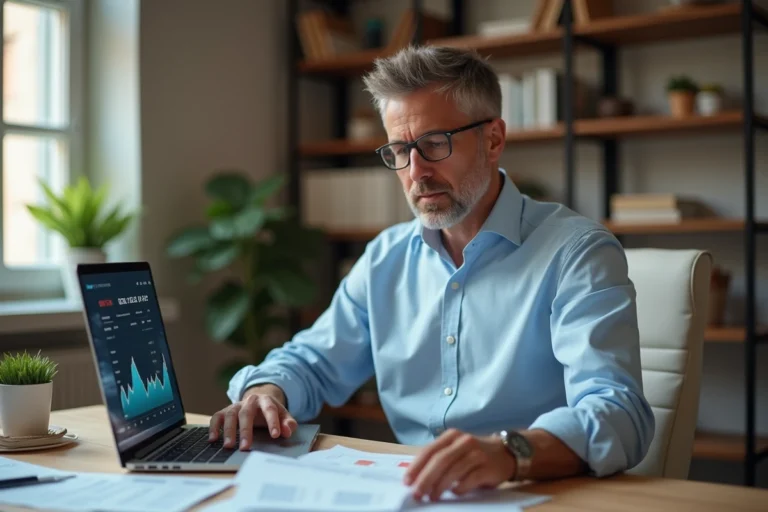 Investisseur particulier analysant un portefeuille boursier européen sur un ordinateur portable dans un bureau à domicile
