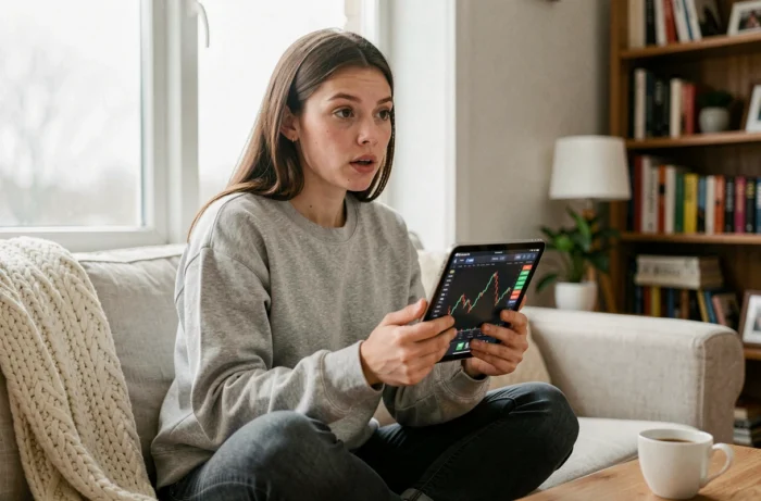 Jeune femme débutante en trading consultant une application boursière sur tablette dans un salon cosy