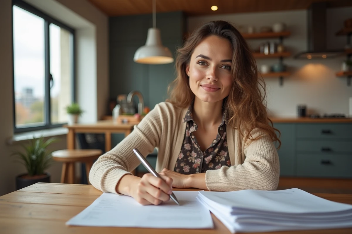 Jeune femme signant un contrat hypothécaire à la maison
