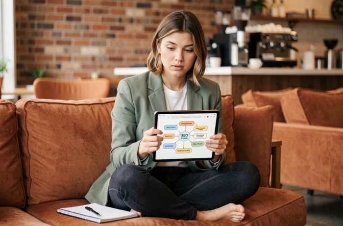 Jeune femme consultant une carte mentale de stratégie de contenu SEO sur une tablette dans un espace de coworking moderne