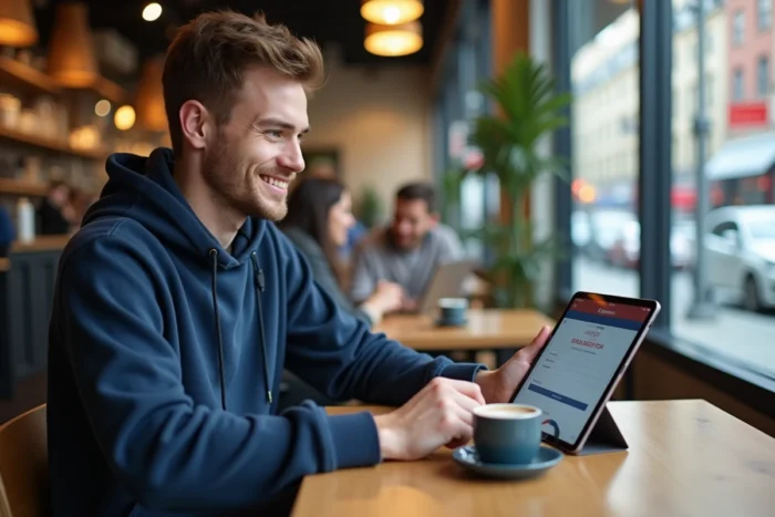 Jeune homme configurant un compte Hotmail sur une tablette dans un café