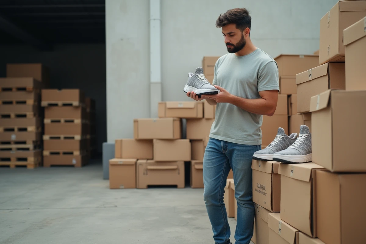 Jeune homme vérifiant des sneakers dans un stockage extérieur
