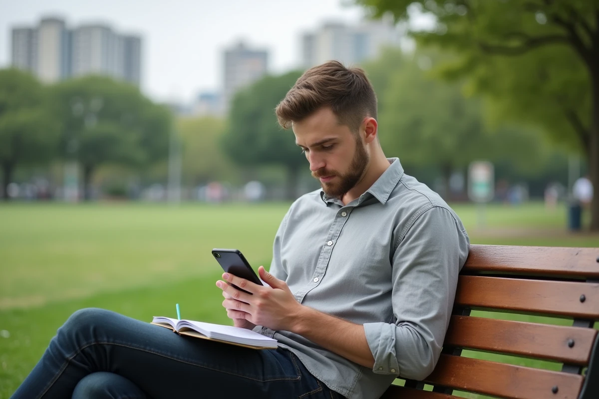 Jeune homme cherchant un emploi dans un parc urbain