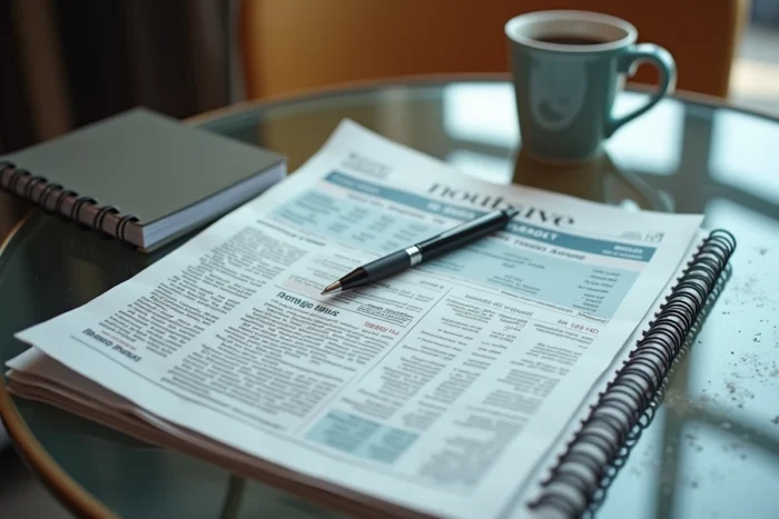 Journal financier ouvert sur des données boursières avec un stylo et un carnet de notes pour une analyse d'investissement en PEA