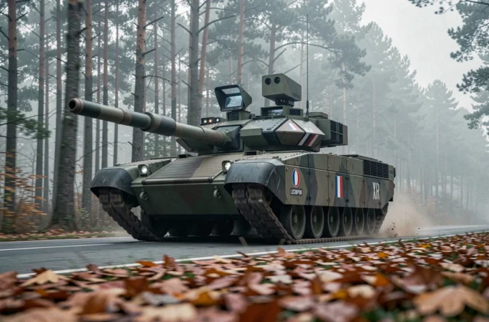 Char Leclerc XLR modernisé en déplacement sur une route forestière lors d'un exercice militaire, vue grand angle soulignant les améliorations technologiques SCORPION